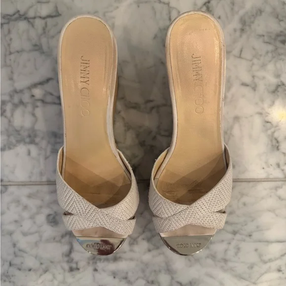 Jimmy Choo White Cross Strap Cork Wedge Sandals Size 38 - Picture 3 of 4